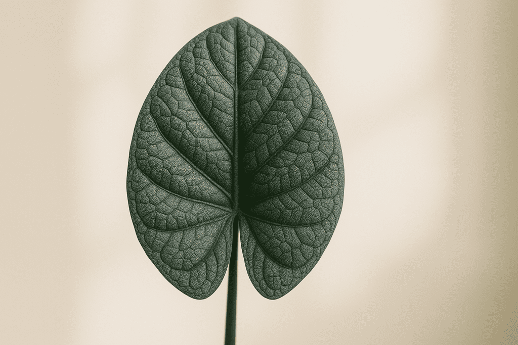Detailed close-up of a textured Alocasia Maharani leaf, illustrating key aspects of alocasia maharani care.