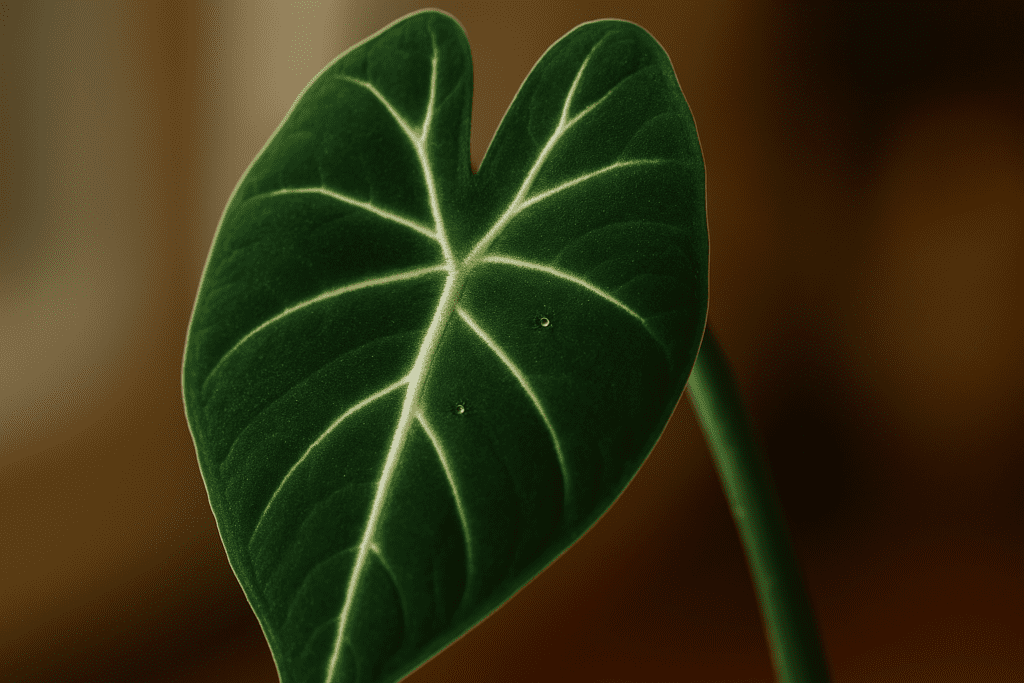 Close-up of a healthy, vibrant Alocasia Frydek leaf, result of good alocasia frydek care.