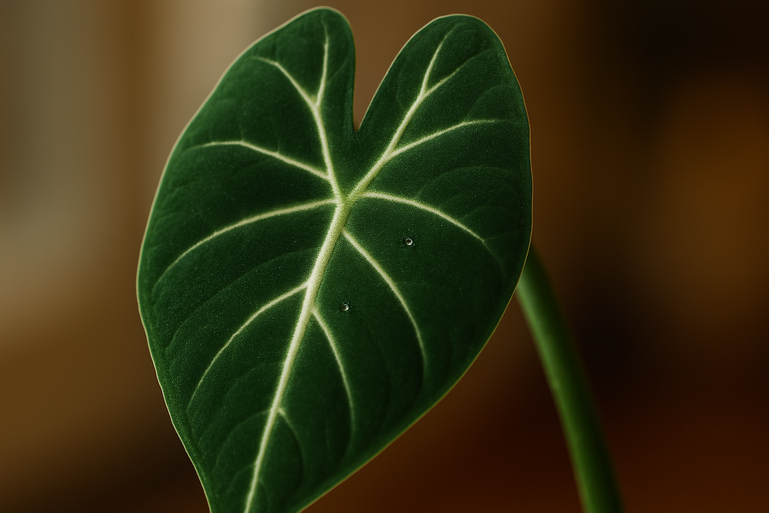 Close-up of a healthy, vibrant Alocasia Frydek leaf, result of good alocasia frydek care.