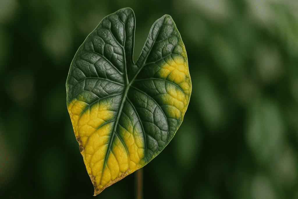 Close-up of Alocasia leaves turning yellow indicating common houseplant health issues and causes.