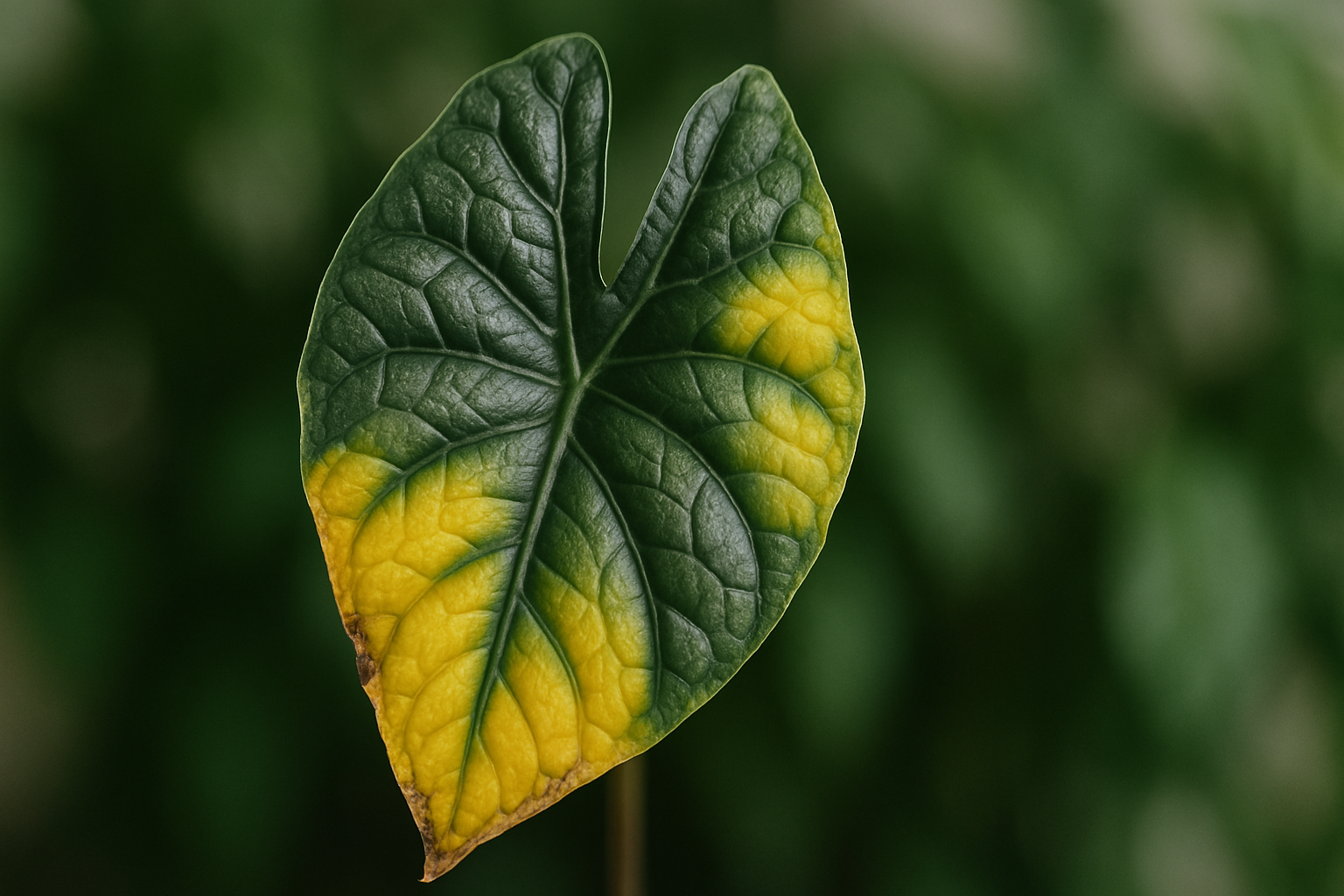 Close-up of Alocasia leaves turning yellow indicating common houseplant health issues and causes.