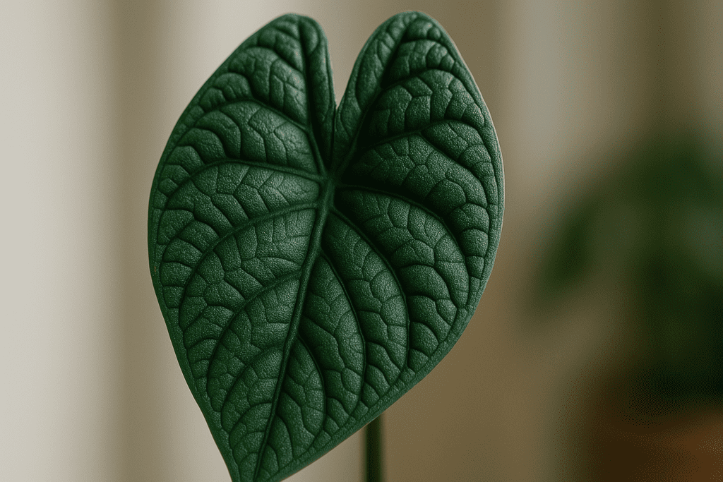 Detailed close-up of a healthy Alocasia Melo leaf showcasing its unique rugose texture, relevant to alocasia melo care.