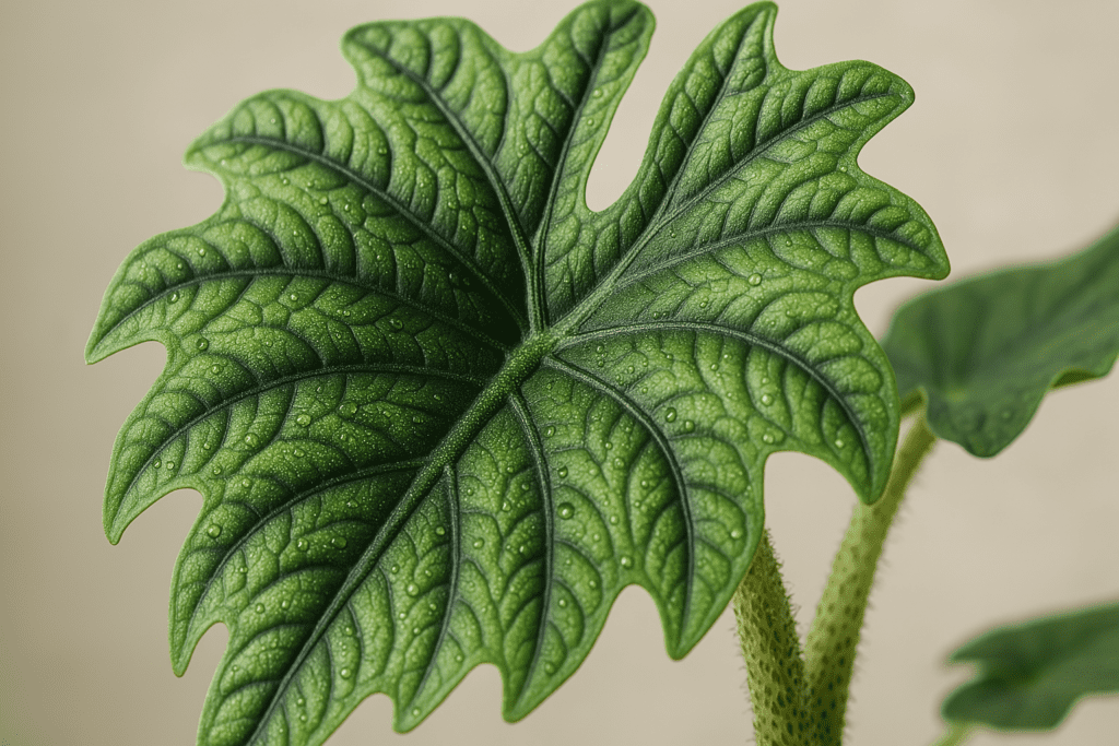 Healthy Alocasia Jacklyn leaf close-up highlighting unique texture, demonstrating proper alocasia jacklyn care.
