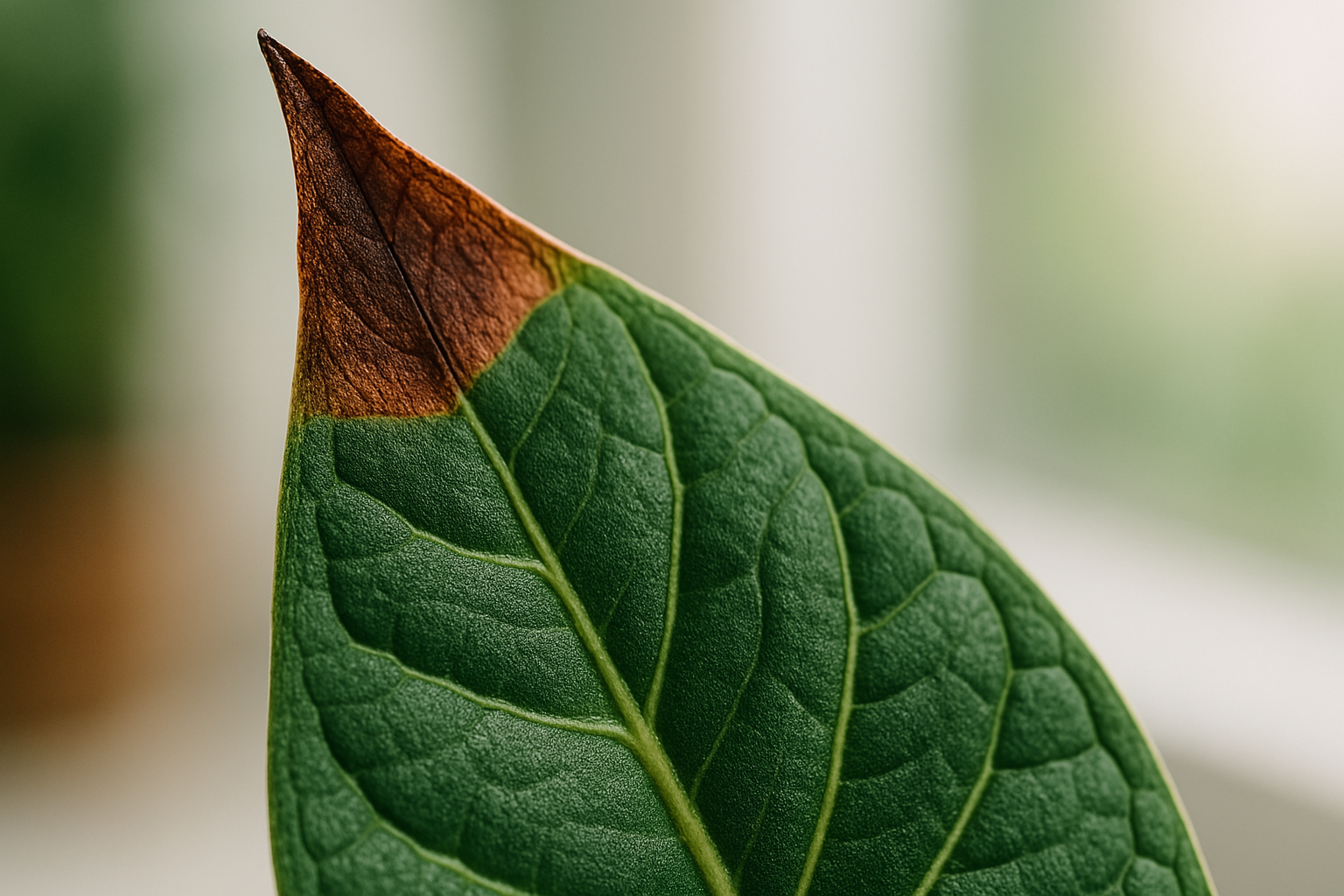 Close-up view of characteristic alocasia brown leaf tips on a green leaf.