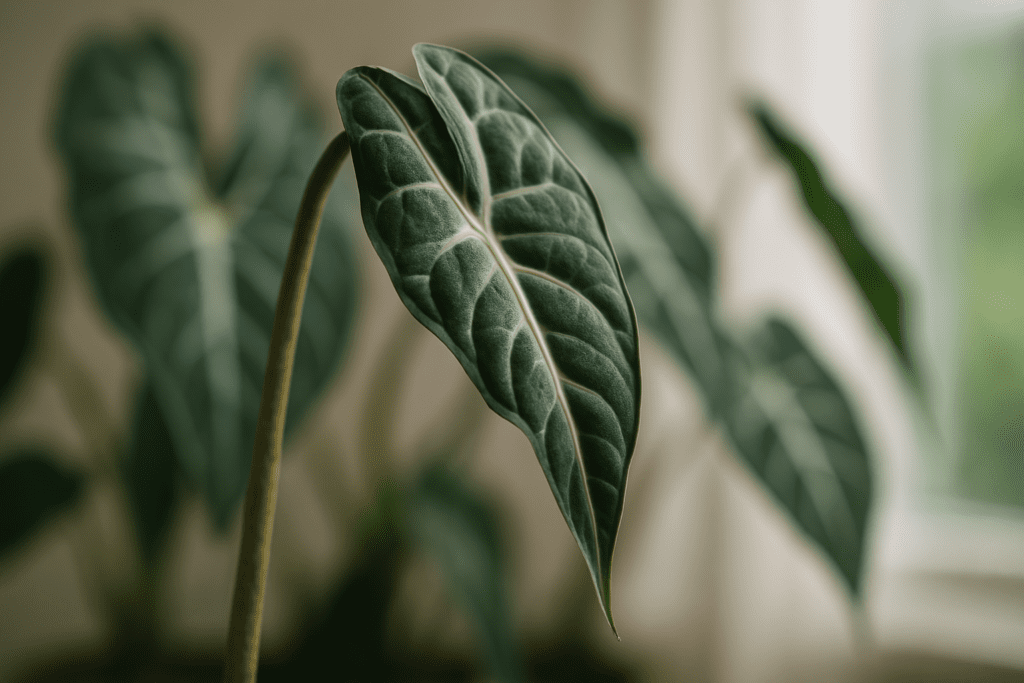 Close-up photo showing slight alocasia drooping on one leaf against a background of healthy leaves.