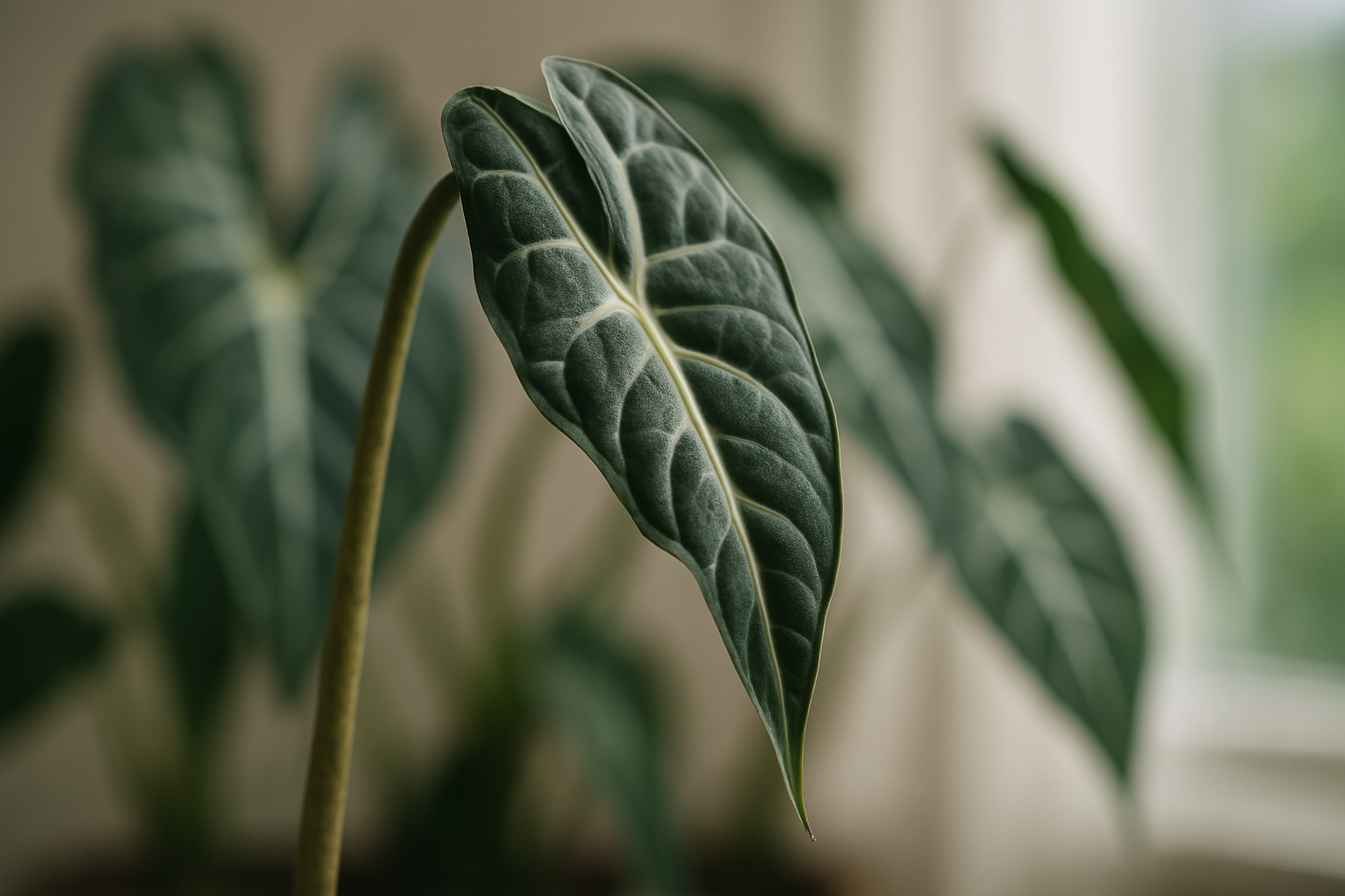 Close-up photo showing slight alocasia drooping on one leaf against a background of healthy leaves.