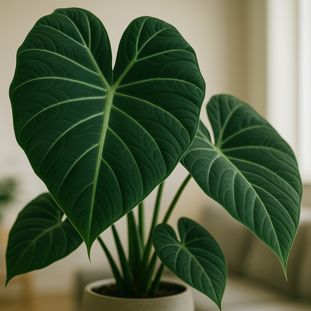 Healthy Alocasia Regal Shields plant showcasing its large, dark leaves indoors, illustrating proper alocasia regal shields care.