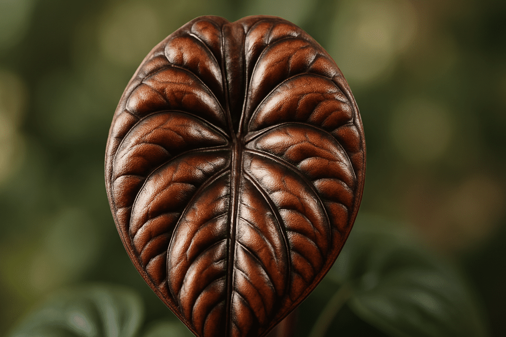 Healthy Alocasia Cuprea 'Red Secret' leaf showing metallic shine, demonstrating proper alocasia cuprea care.