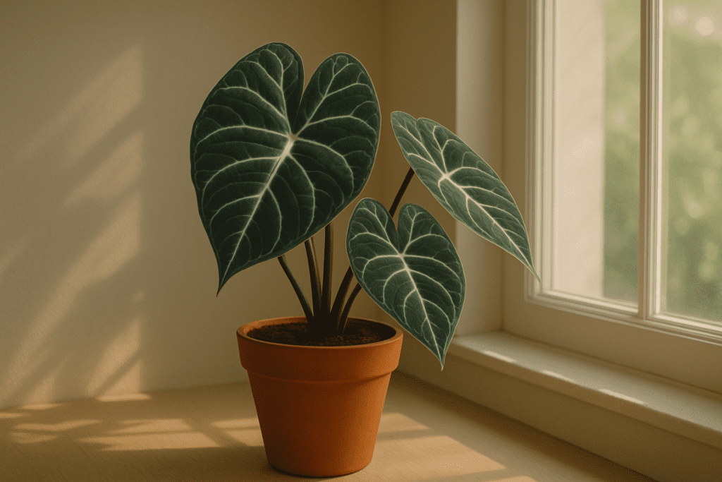 Healthy Alocasia leaf in bright indirect light, illustrating correct alocasia light requirements for indoor care.