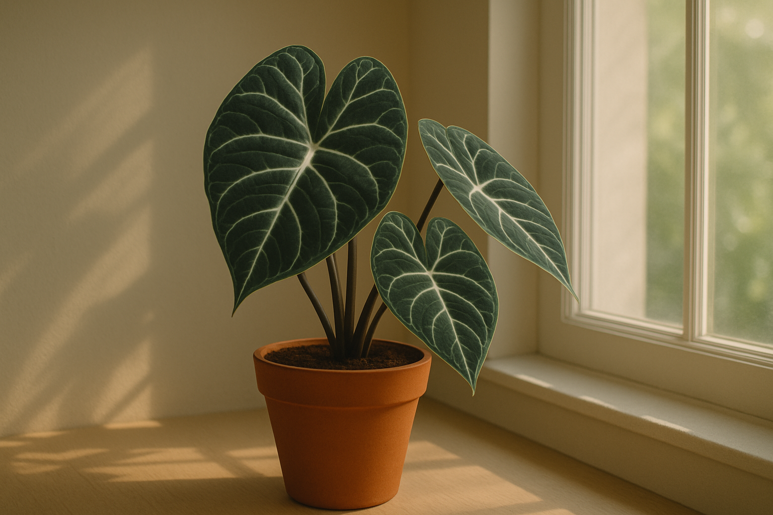 Healthy Alocasia leaf in bright indirect light, illustrating correct alocasia light requirements for indoor care.