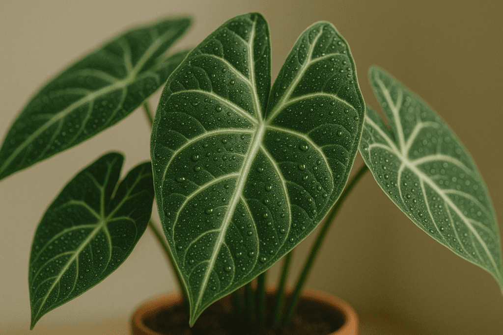 Close-up of lush Alocasia leaves with water droplets, illustrating the importance of proper alocasia humidity.
