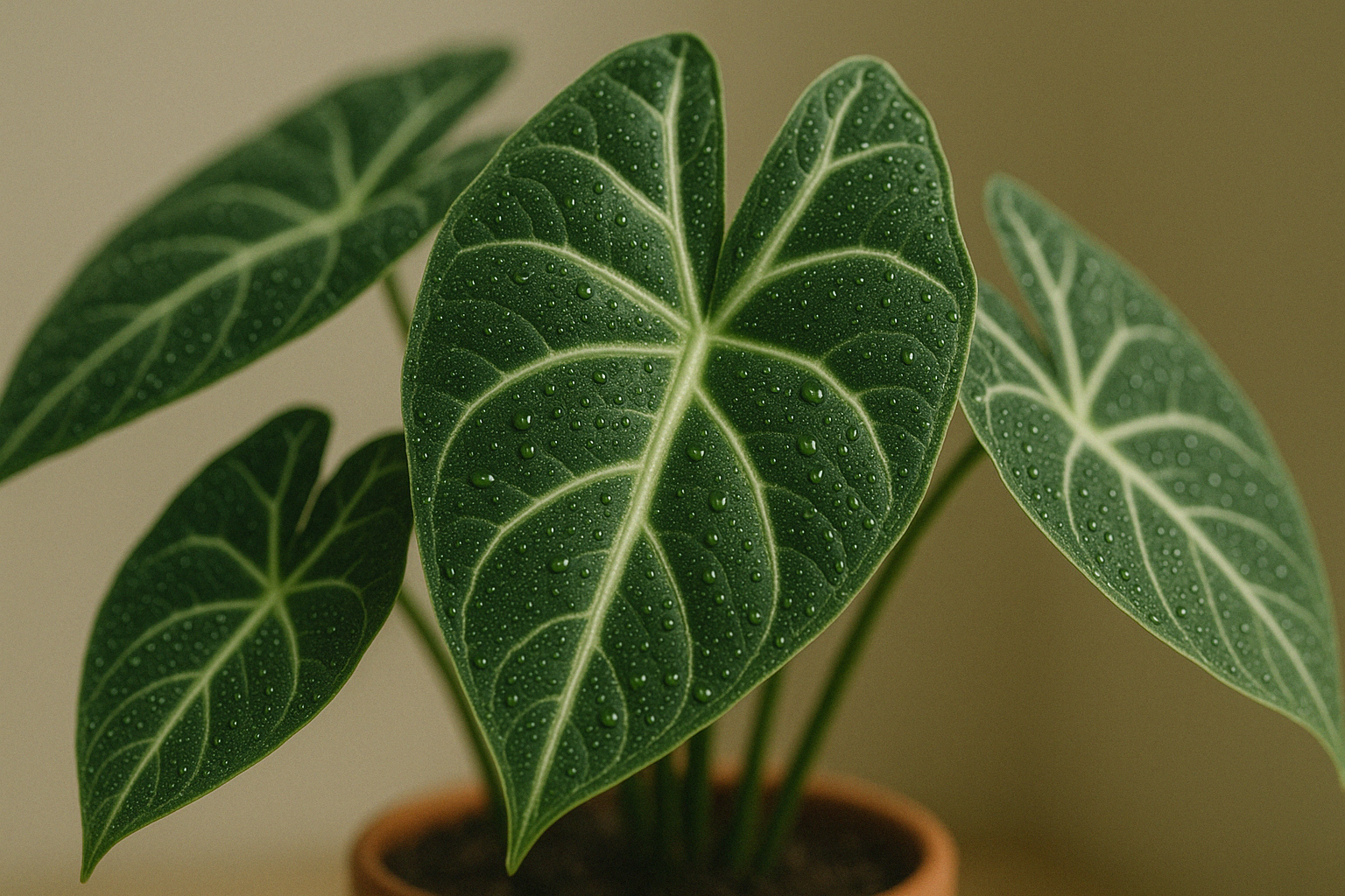 Close-up of lush Alocasia leaves with water droplets, illustrating the importance of proper alocasia humidity.