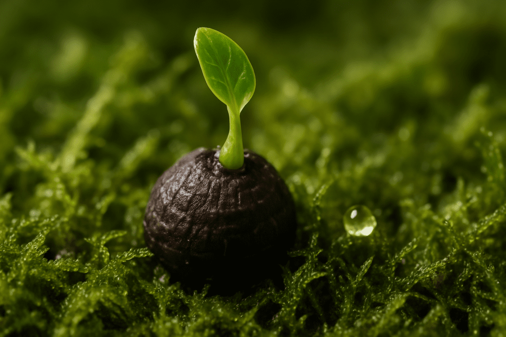 Close-up of a tiny Alocasia corm sprouting a new leaf, showing successful alocasia propagation corms.