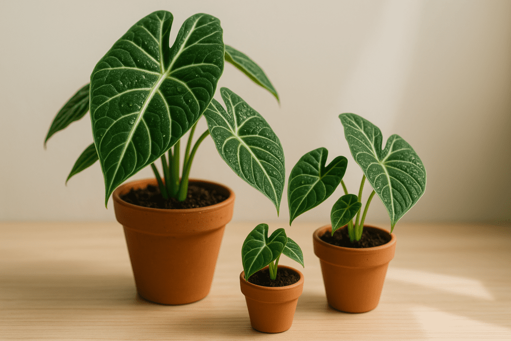 Parent Alocasia plant and newly potted pups after successfully dividing alocasia plants.