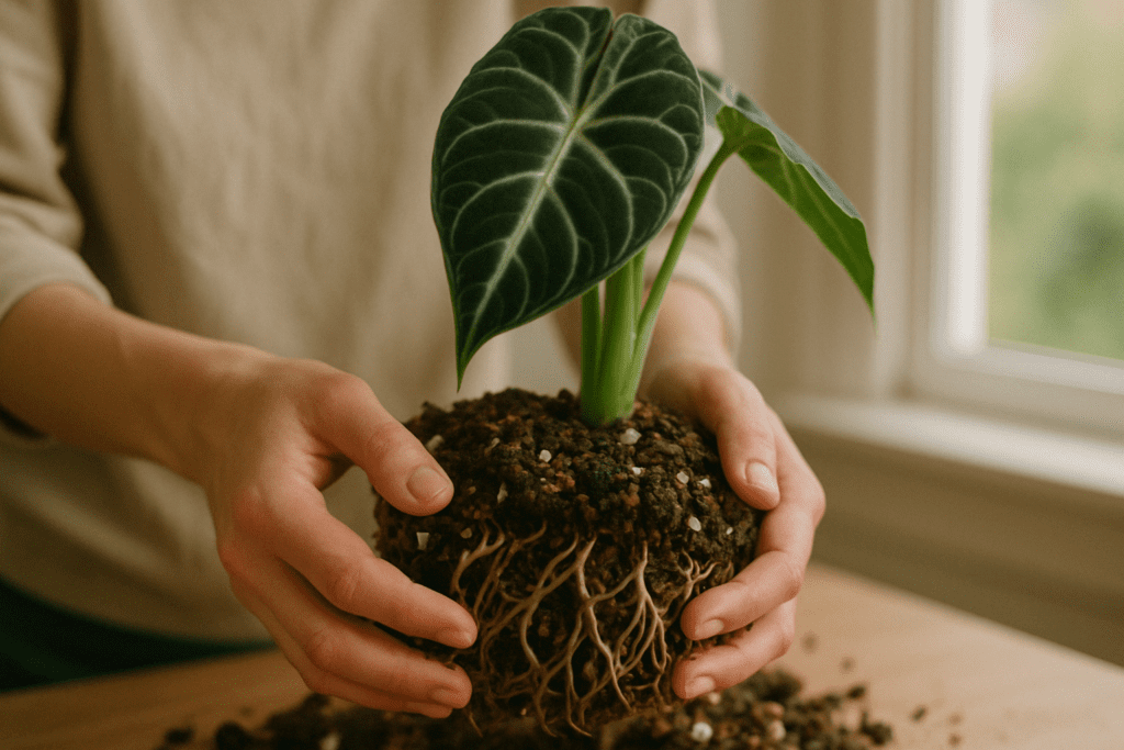 Gentle hands carefully repotting an Alocasia plant with healthy roots visible.