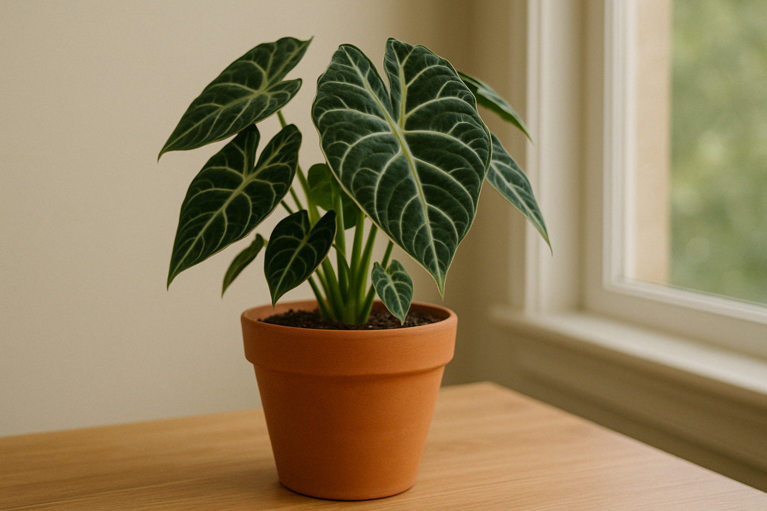 Healthy Alocasia plant thriving in a terracotta container, demonstrating the best pots for alocasia success.