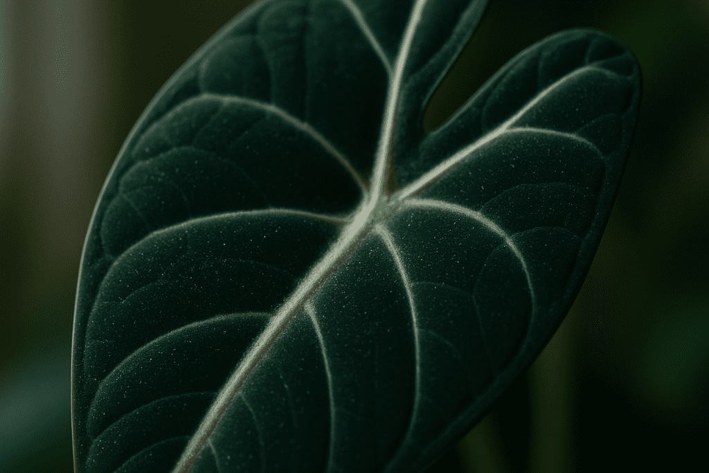 Close-up of Alocasia leaf showing subtle stippling, an early sign of spider mites on alocasia.