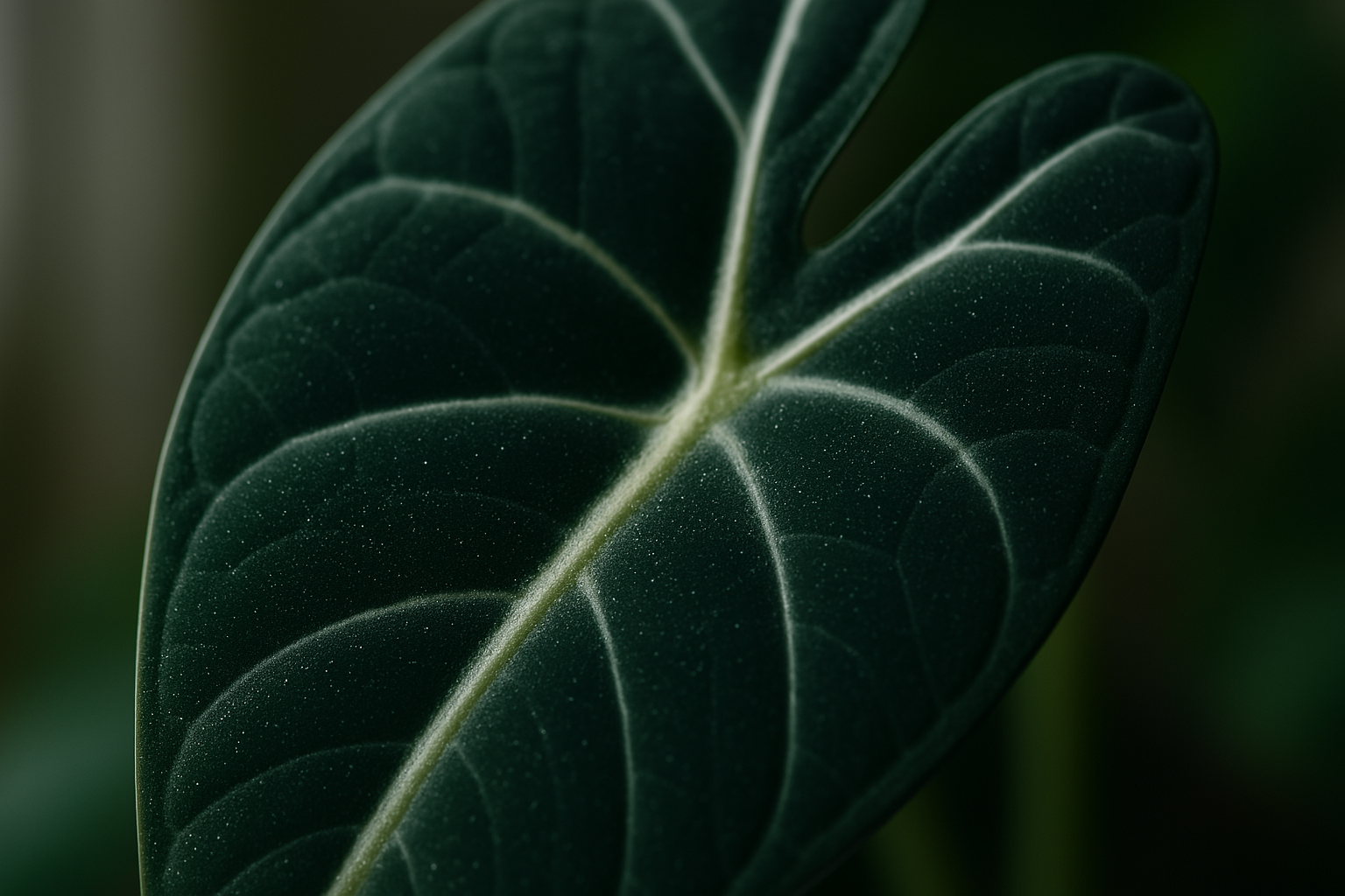 Close-up of Alocasia leaf showing subtle stippling, an early sign of spider mites on alocasia.