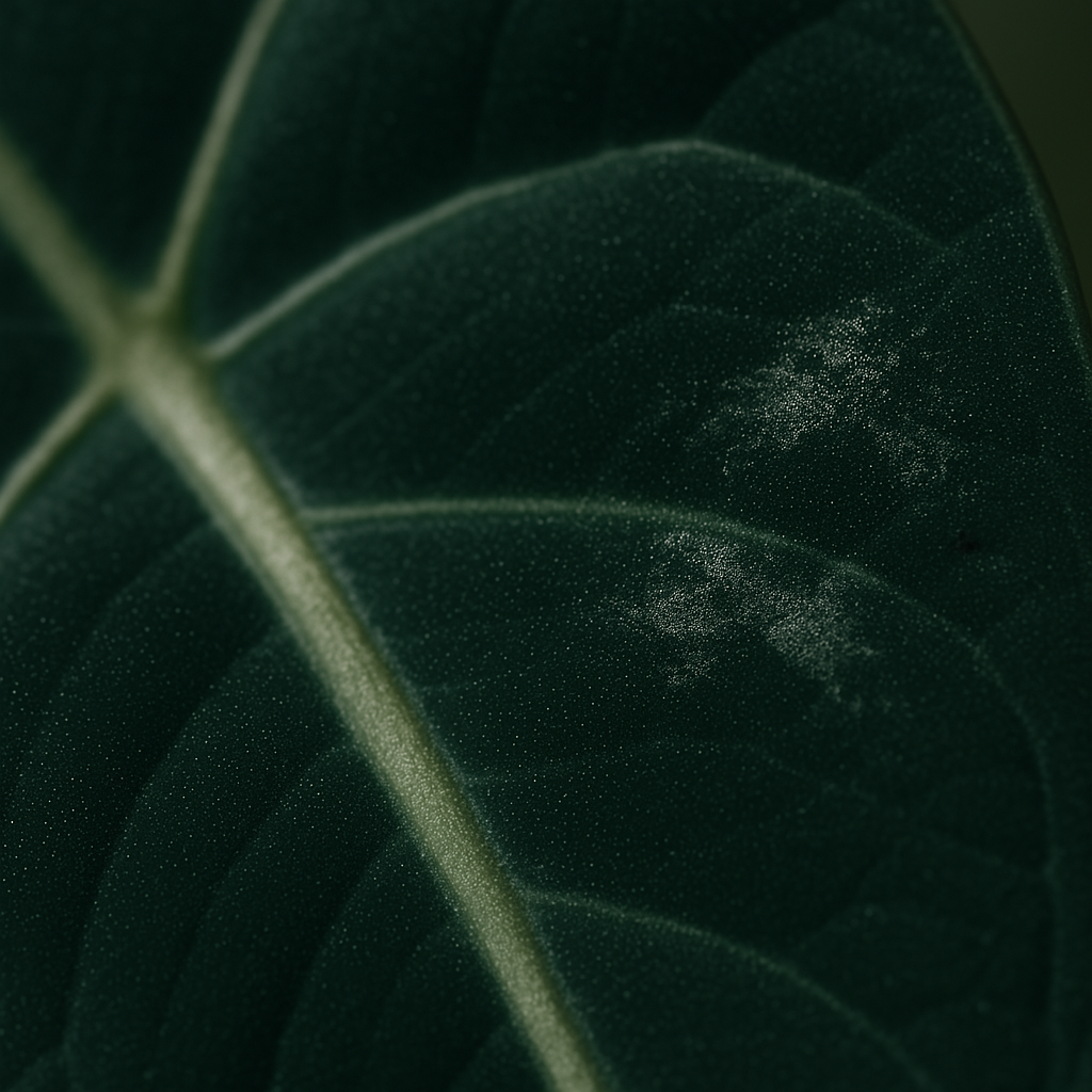 Close-up of an Alocasia leaf showing silvery stippling and black specks, indicating damage from thrips on alocasia.