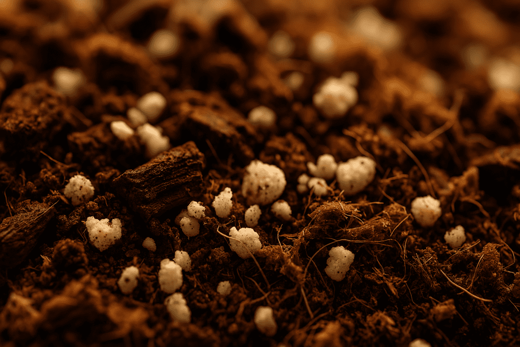 Close-up texture shot of the best soil mix for alocasia, featuring chunky orchid bark, perlite, and coco coir.
