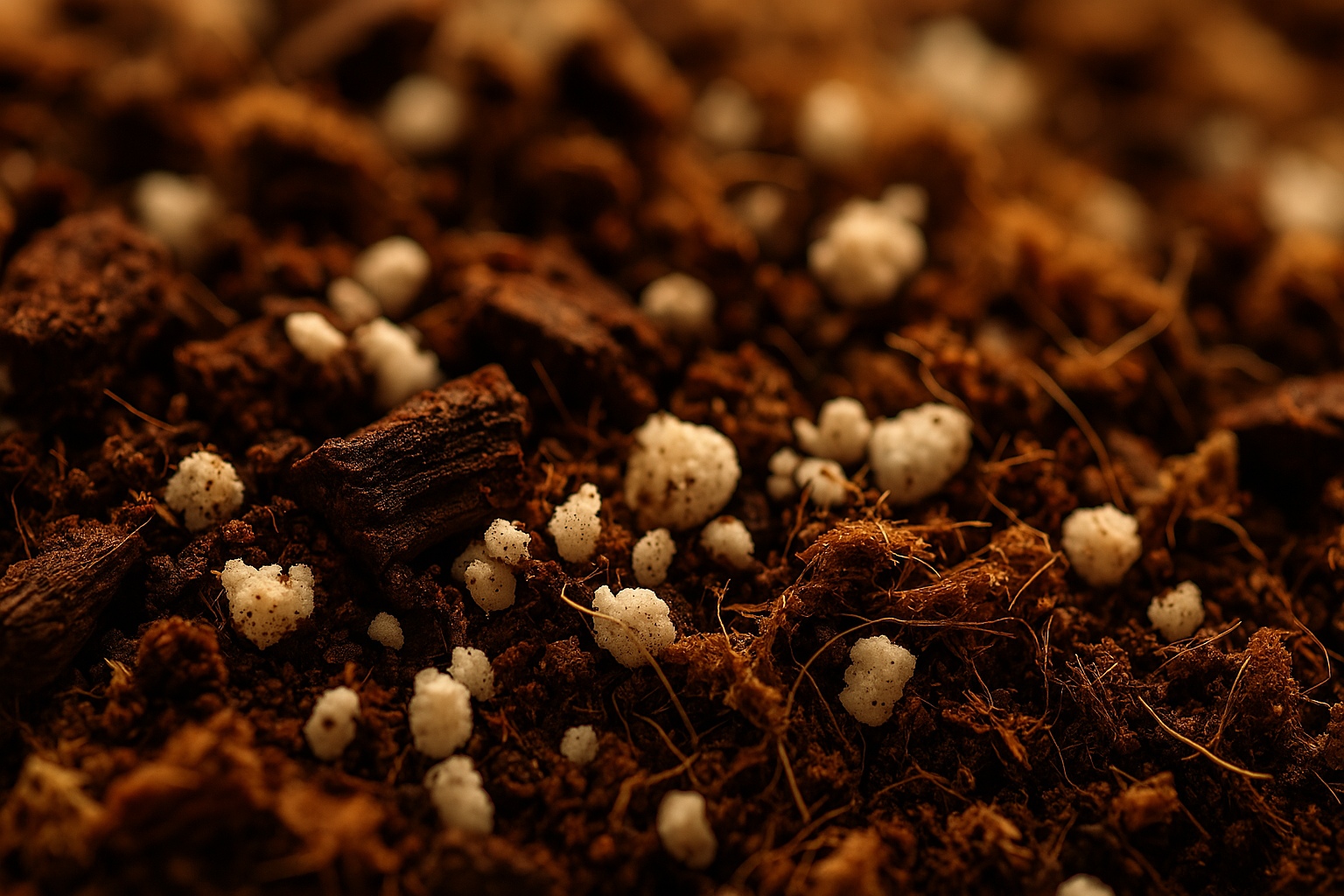 Close-up texture shot of the best soil mix for alocasia, featuring chunky orchid bark, perlite, and coco coir.