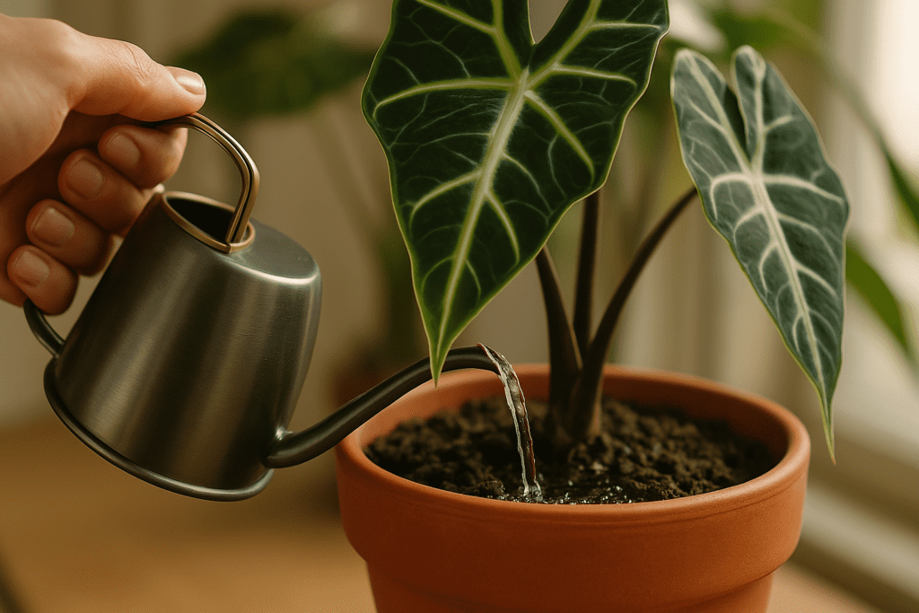 Hand carefully watering alocasia plant soil ensuring proper moisture.