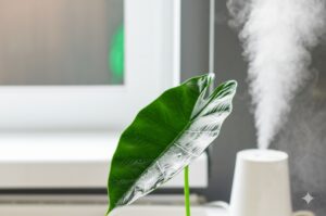Lush Alocasia leaf with moisture droplets near a cool mist humidifier, illustrating the concept of the best humidifier for alocasia care.