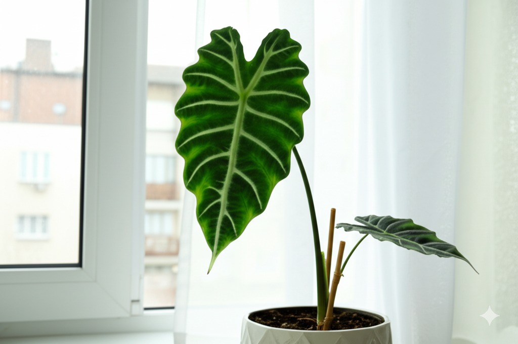 Tall Alocasia Zebrina plant next to a bamboo stake, illustrating supports for tall alocasias.