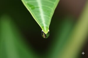 Close-up of alocasia leaves dripping water via guttation, showing a clear droplet on a green leaf tip.