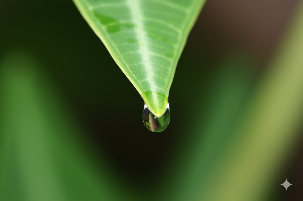Close-up of alocasia leaves dripping water via guttation, showing a clear droplet on a green leaf tip.