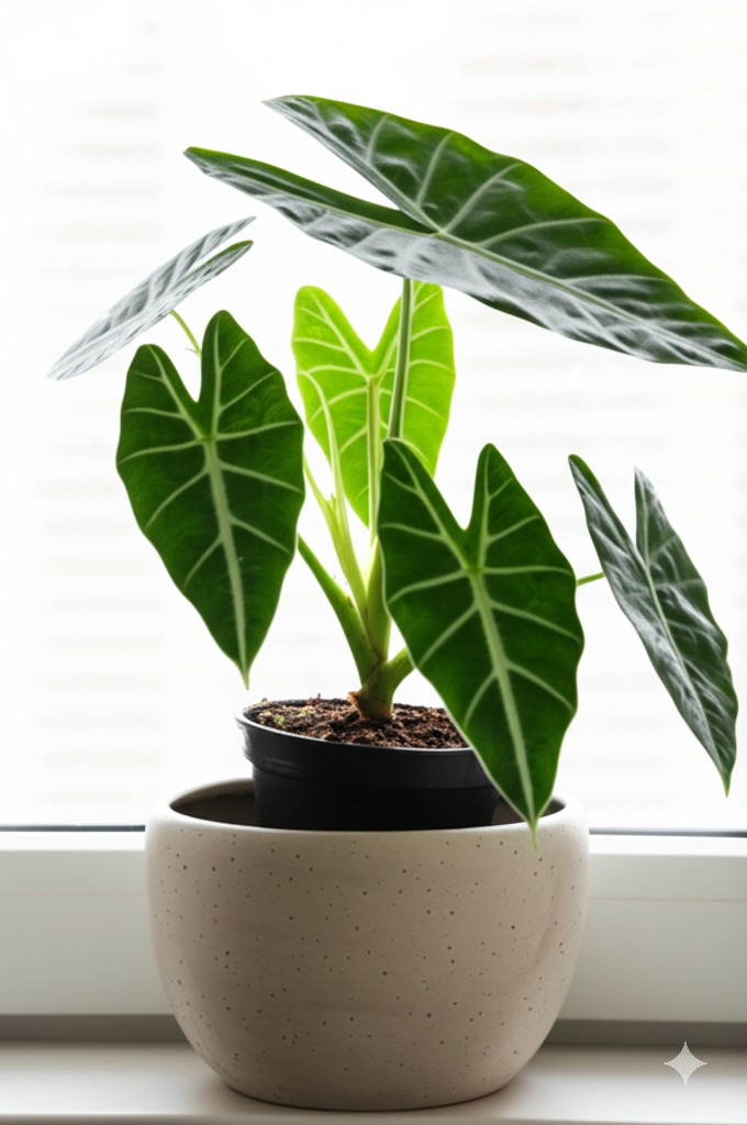 Healthy Alocasia plant in a DIY self watering pot alocasia setup.