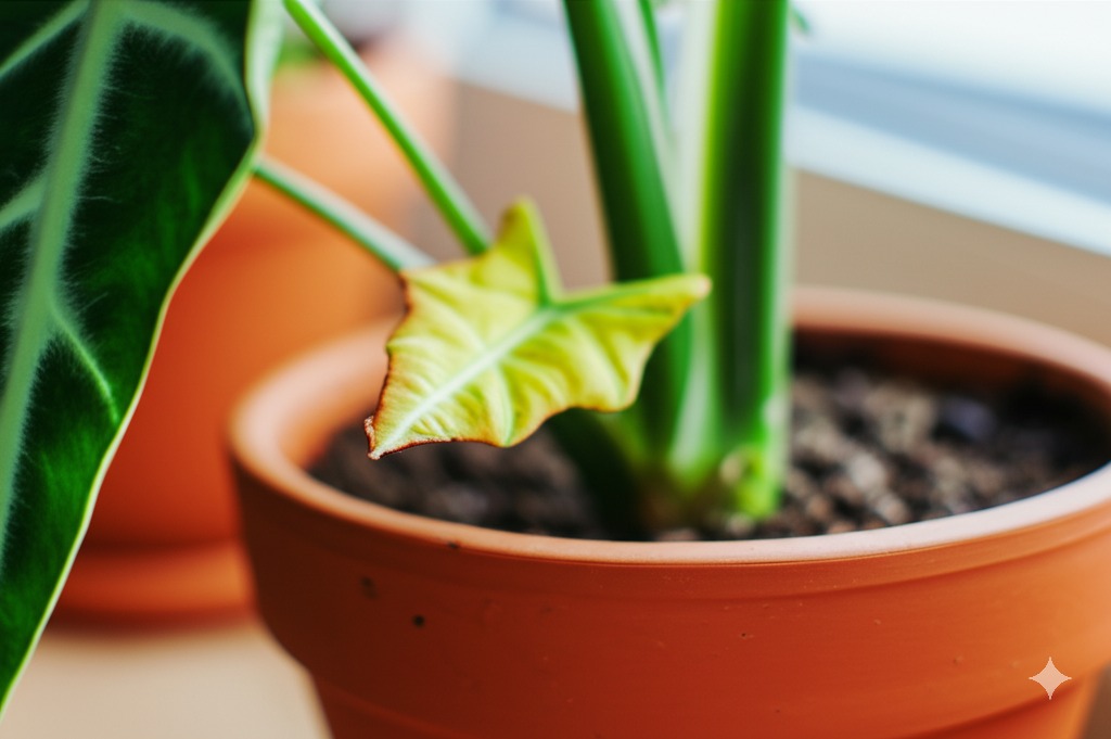 Close-up of yellowing lower leaves on an Alocasia plant indicating potential alocasia root rot.