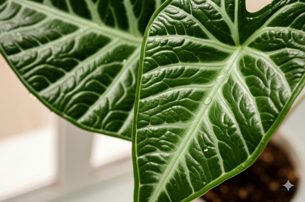 Close-up of a healthy Alocasia leaf demonstrating the results of correct fertilizing alocasia practices.