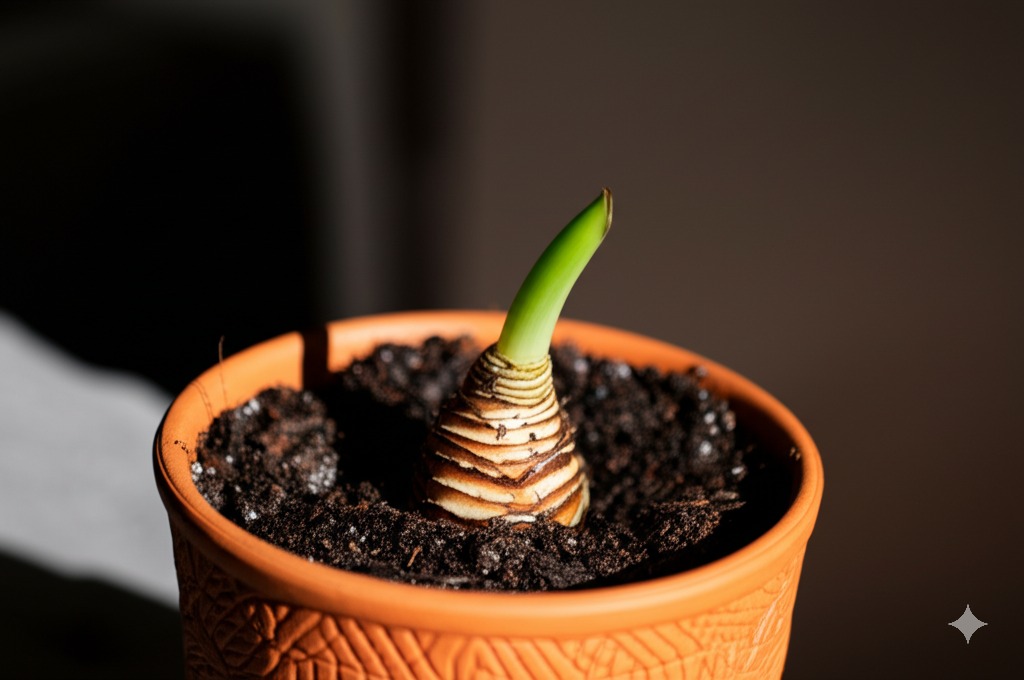 Healthy Alocasia corm resting in pot during alocasia dormancy period.