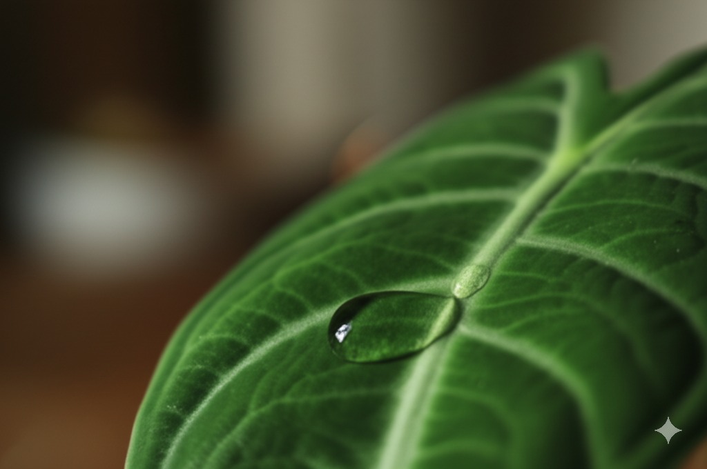 Close-up of a healthy Alocasia leaf, symbolizing the decision about using systemic insecticide alocasia treatments safely.