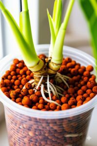 Close-up of a healthy Alocasia plant thriving in LECA clay pebbles, showing successful alocasia in leca setup.
