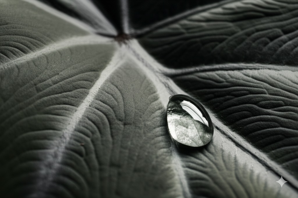 Healthy Alocasia leaf close-up with a single drop of oil, illustrating neem oil alocasia care.