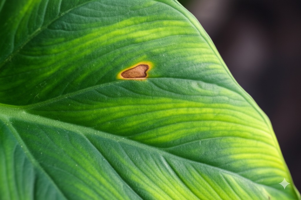 Close-up of an Alocasia leaf showing symptoms of alocasia leaf spot, specifically a brown spot with a yellow halo.