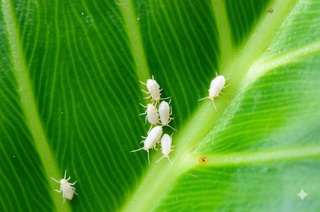 Close-up of white cottony mealybugs on Alocasia leaf near a vein.