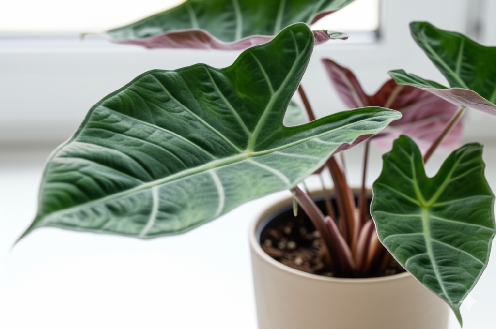 Close-up of a healthy Alocasia Wentii with lush green leaves, illustrating good alocasia wentii care.