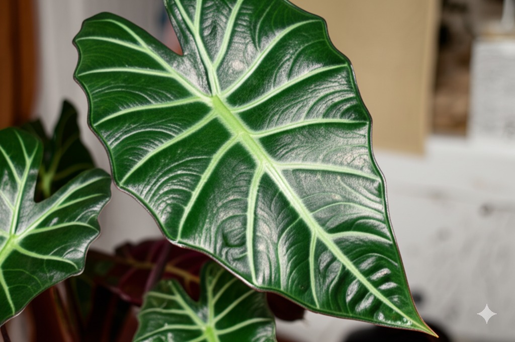 Close-up of unique Alocasia Lauterbachiana 'Purple Sword' leaf demonstrating key features for alocasia lauterbachiana care.