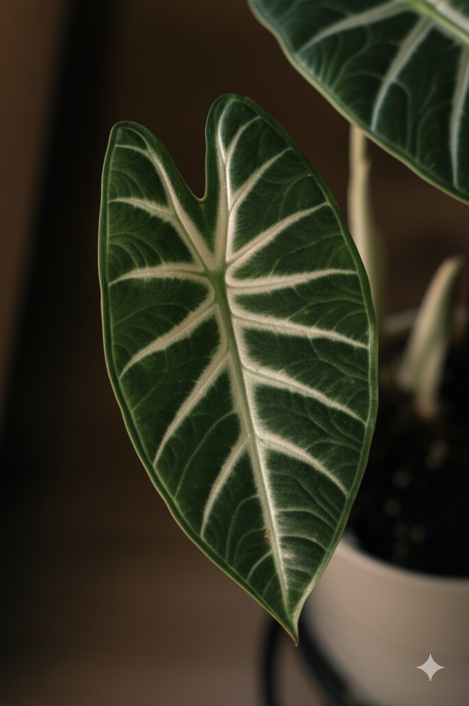 Close-up of a unique Alocasia leaf showing potential traits of new alocasia hybrids.
