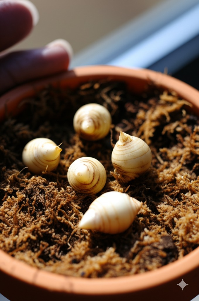 Healthy Alocasia corms resting on sphagnum moss, illustrating the process of storing alocasia corms.