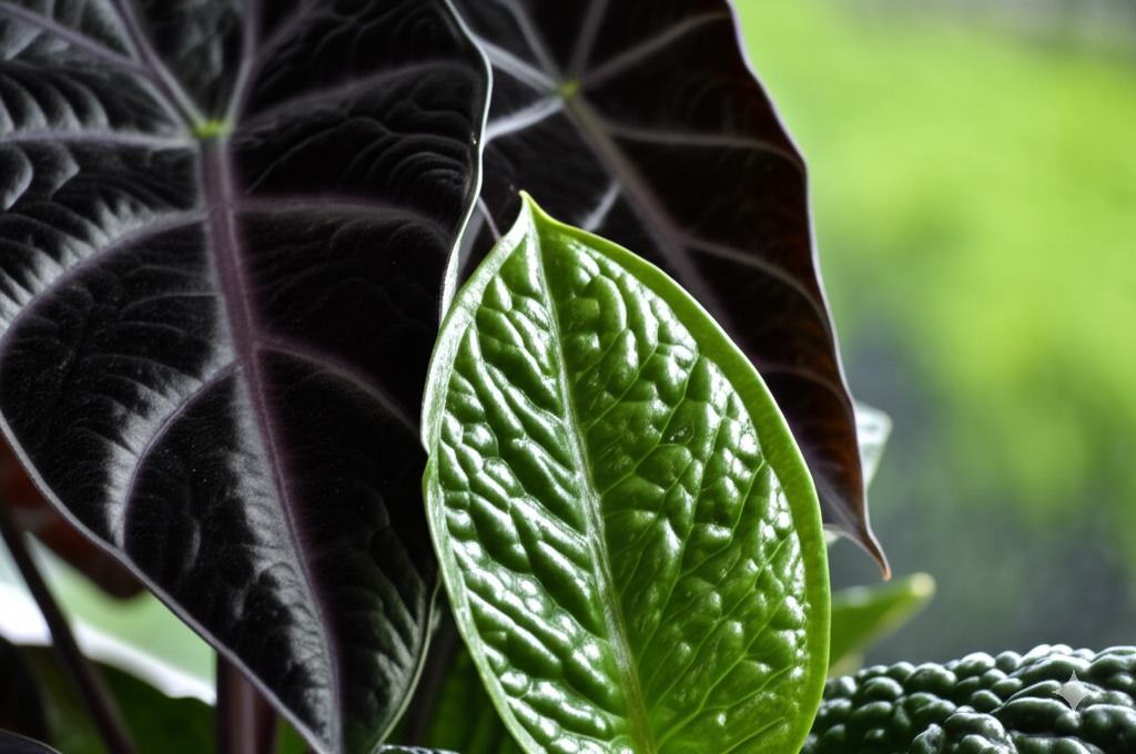 Close-up showcasing the contrasting alocasia leaf texture of velvety, glossy, and bullate varieties.