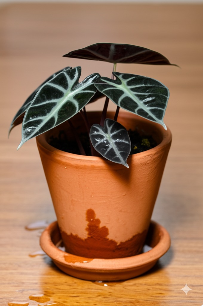 Close-up of a healthy Alocasia in a terracotta pot, emphasizing the importance of pots with drainage holes for alocasia care.