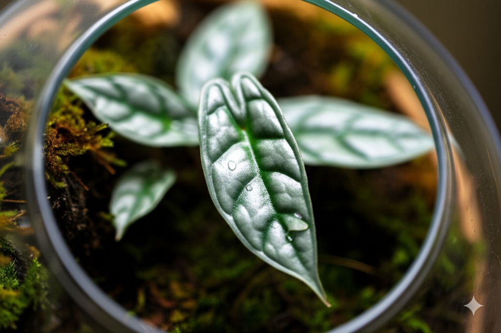 Small Jewel Alocasia 'Silver Dragon' plant inside a glass alocasia for terrarium.