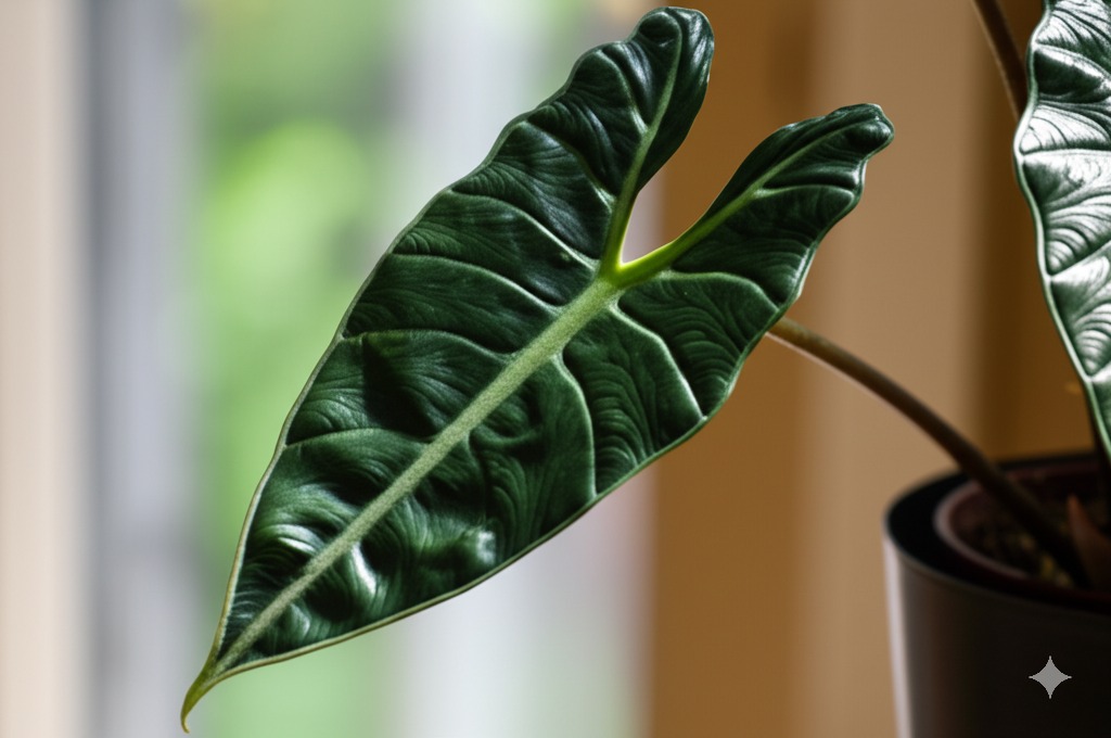 Textured deep green leaf of a healthy Alocasia Scalprum, highlighting successful alocasia scalprum care.