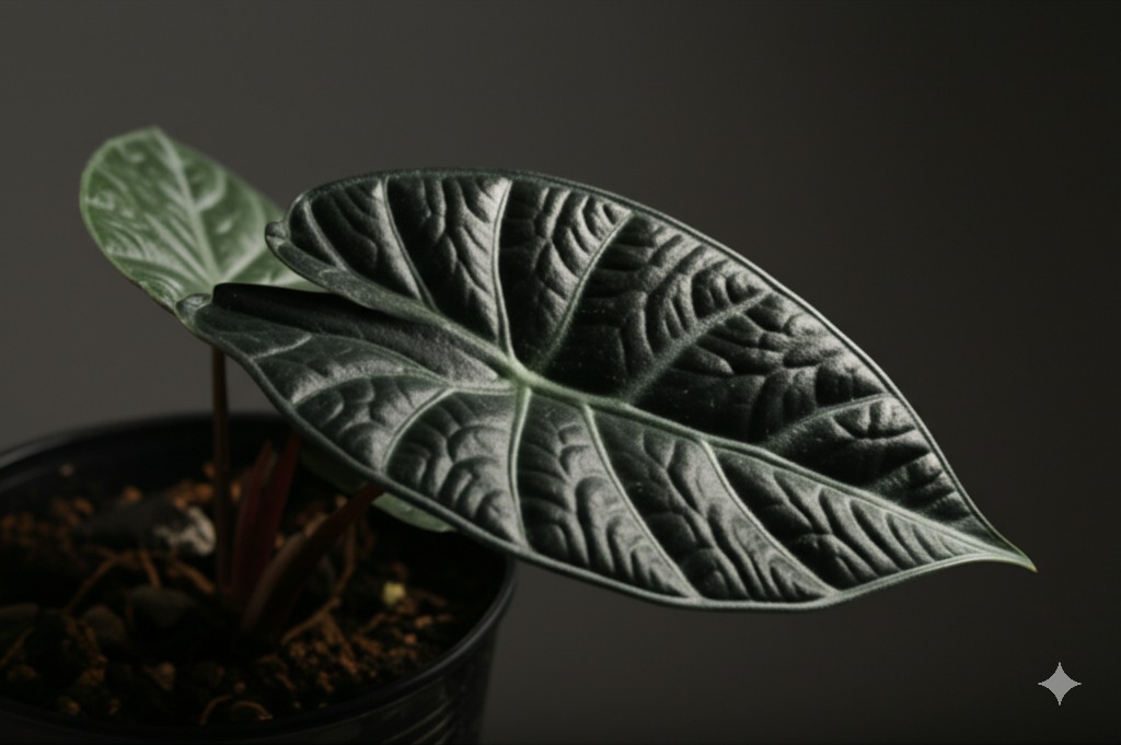 Close-up photorealistic view of a dark Alocasia 'Black Velvet' leaf, highlighting the velvety texture of these jewel alocasias.