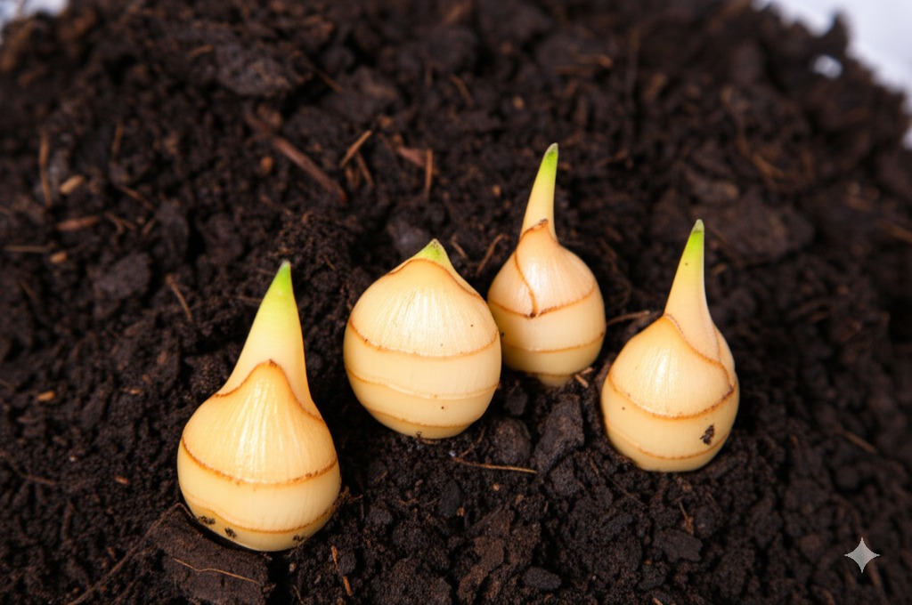Close-up of several healthy Alocasia corms illustrating alocasia corm identification.