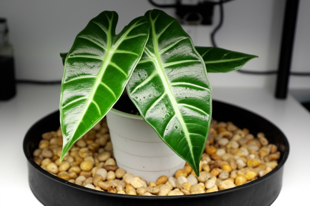 Healthy Alocasia plant on a DIY pebble tray used to increase humidity for alocasia plants indoors.